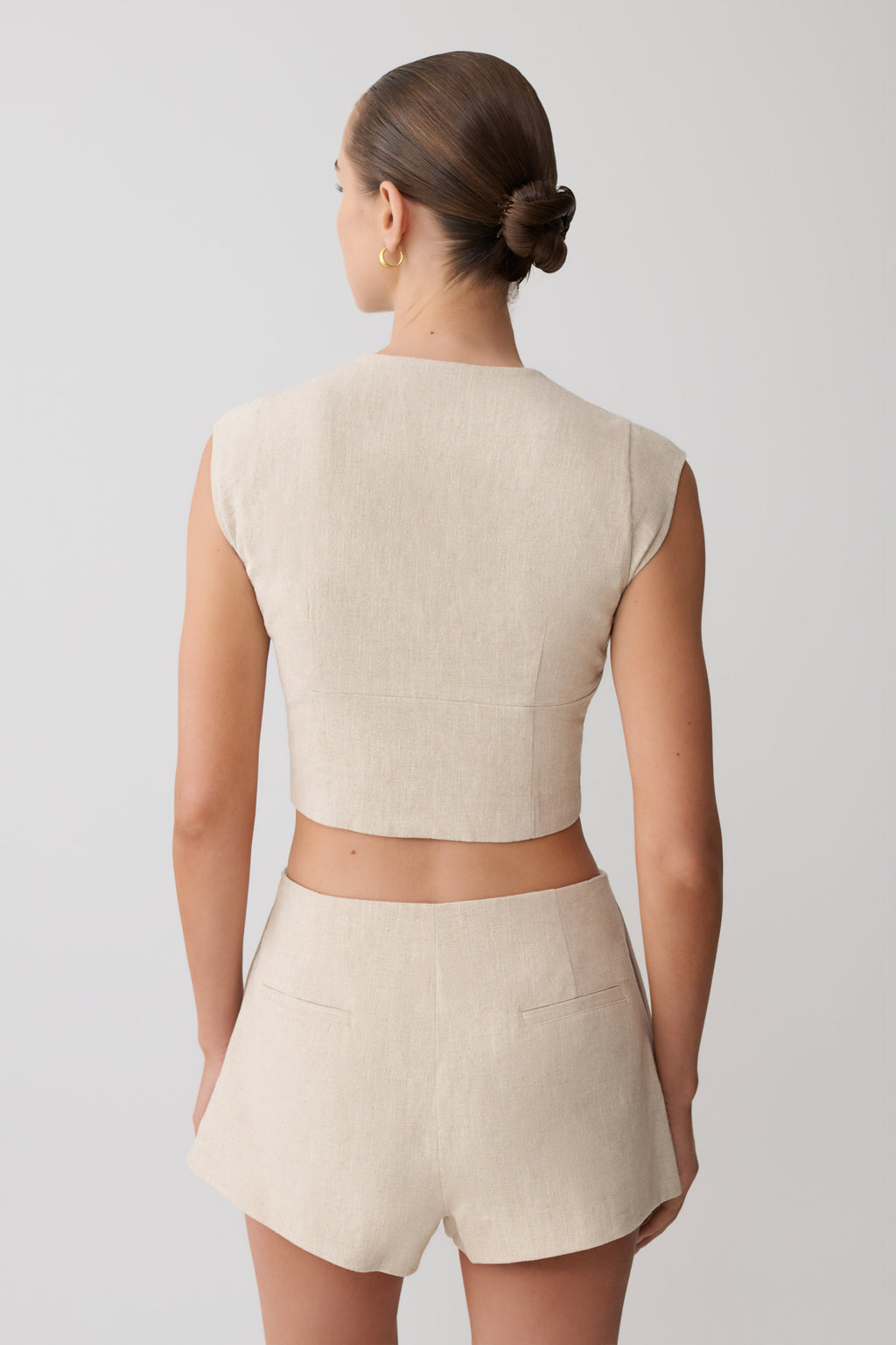 Linen Front Bows Short Sleeve Top - Natural