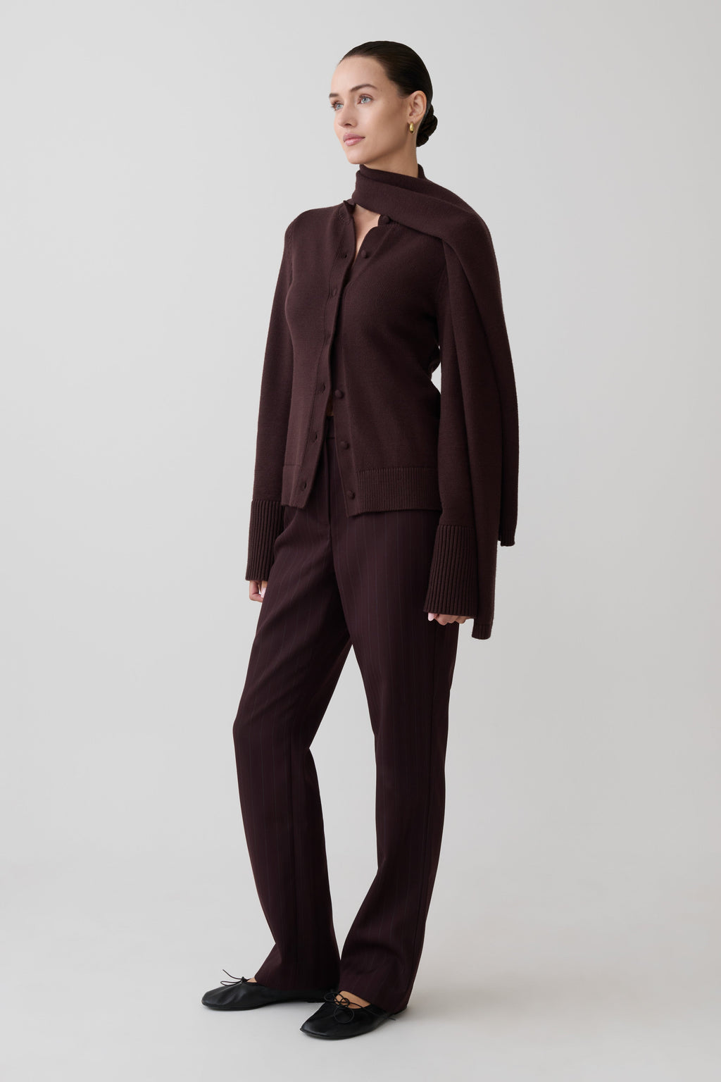 Knit Cardigan With Scarf - Chocolate