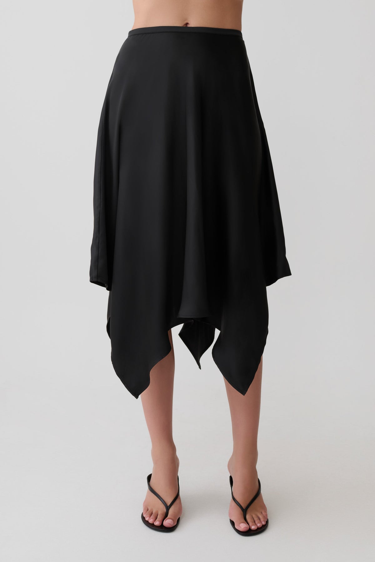 Asymmetric Satin Midi Skirt - Black