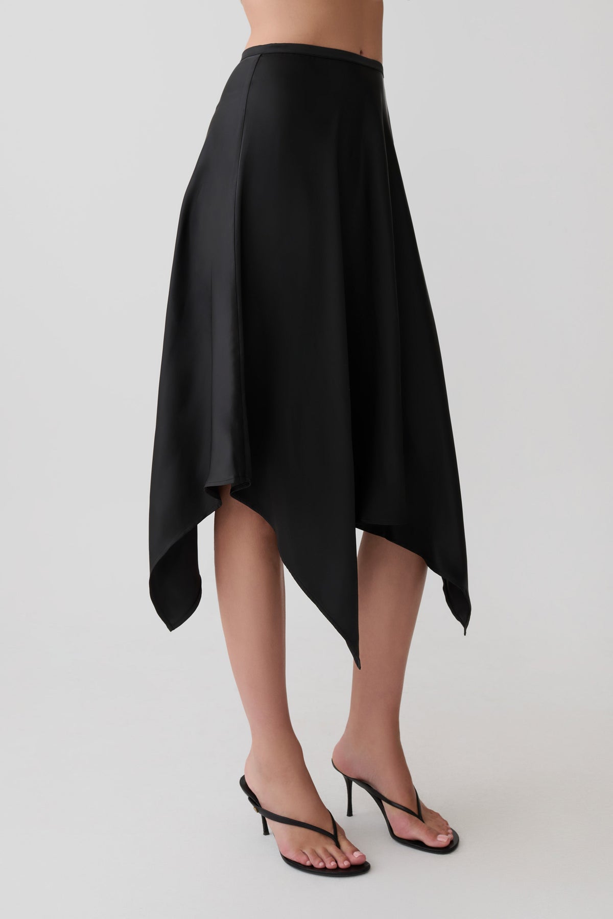 Asymmetric Satin Midi Skirt - Black