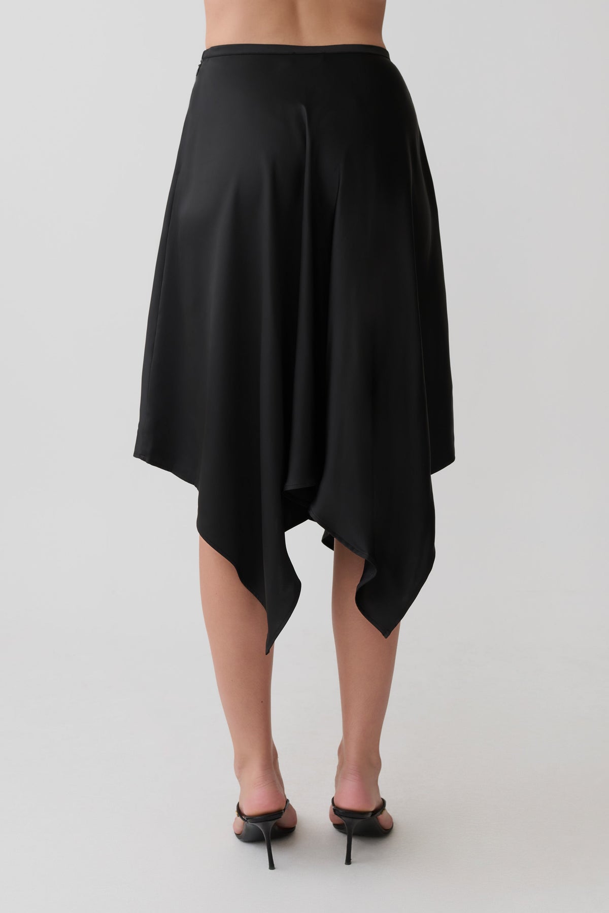 Asymmetric Satin Midi Skirt - Black