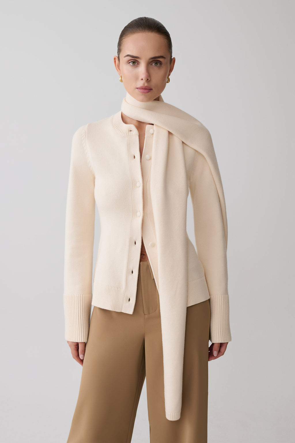Knit Cardigan With Scarf - Ivory