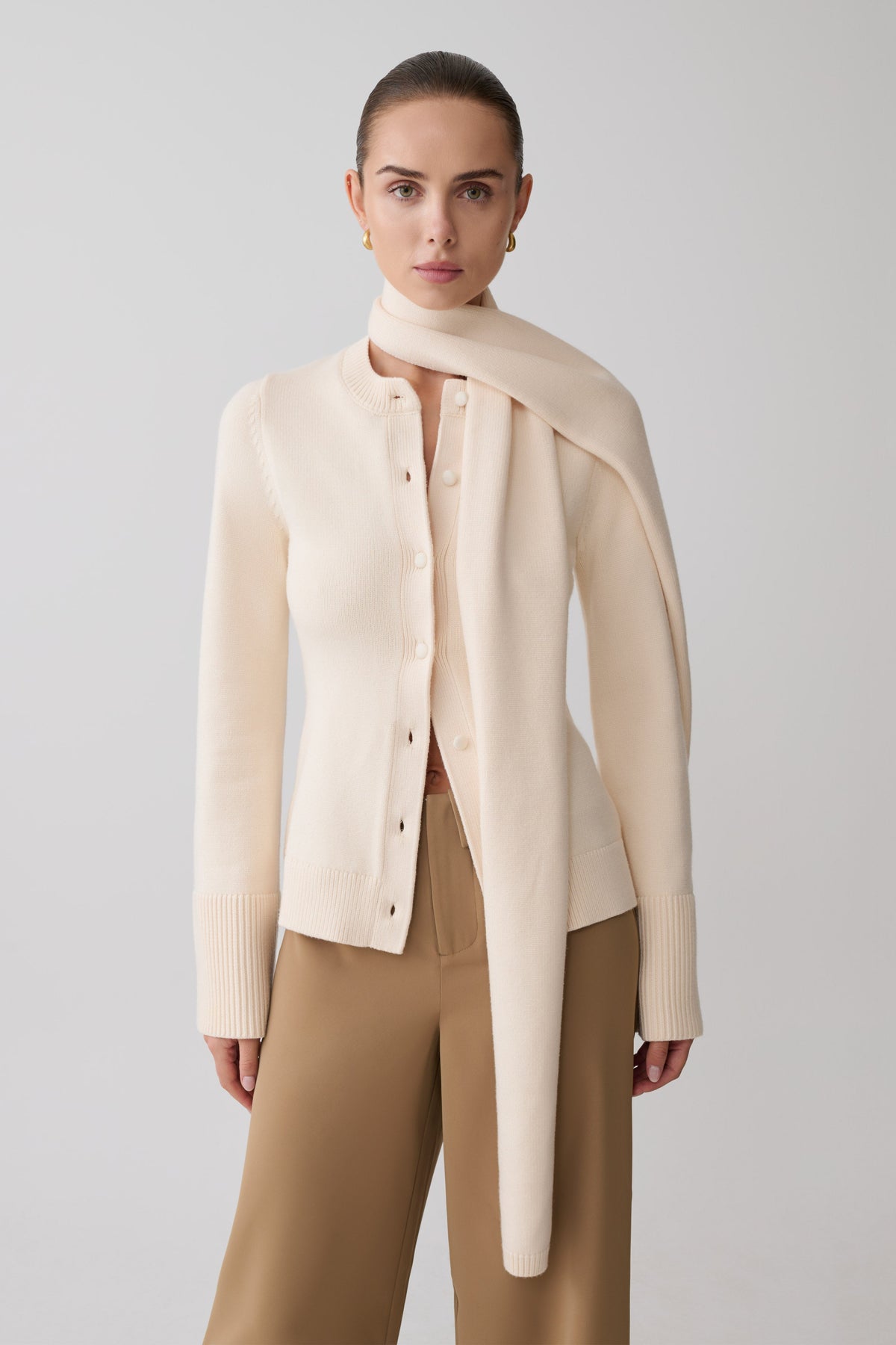 Knit Cardigan With Scarf - Ivory