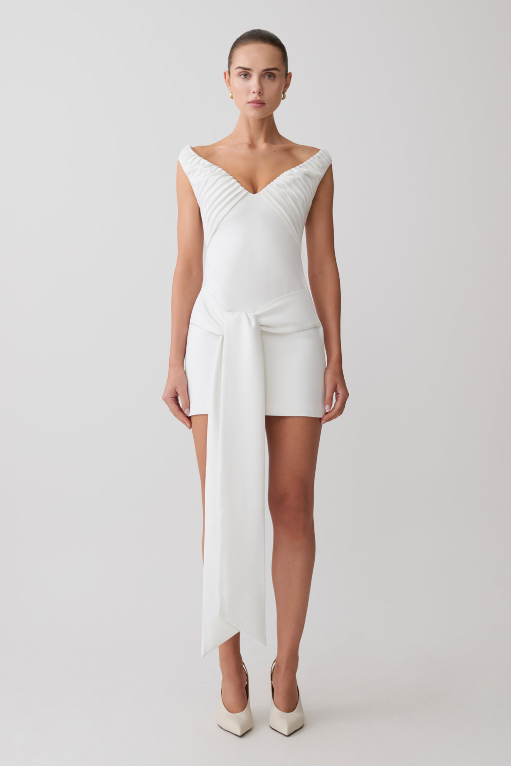 Off Shoulder Mini Dress With Waist Tie - White
