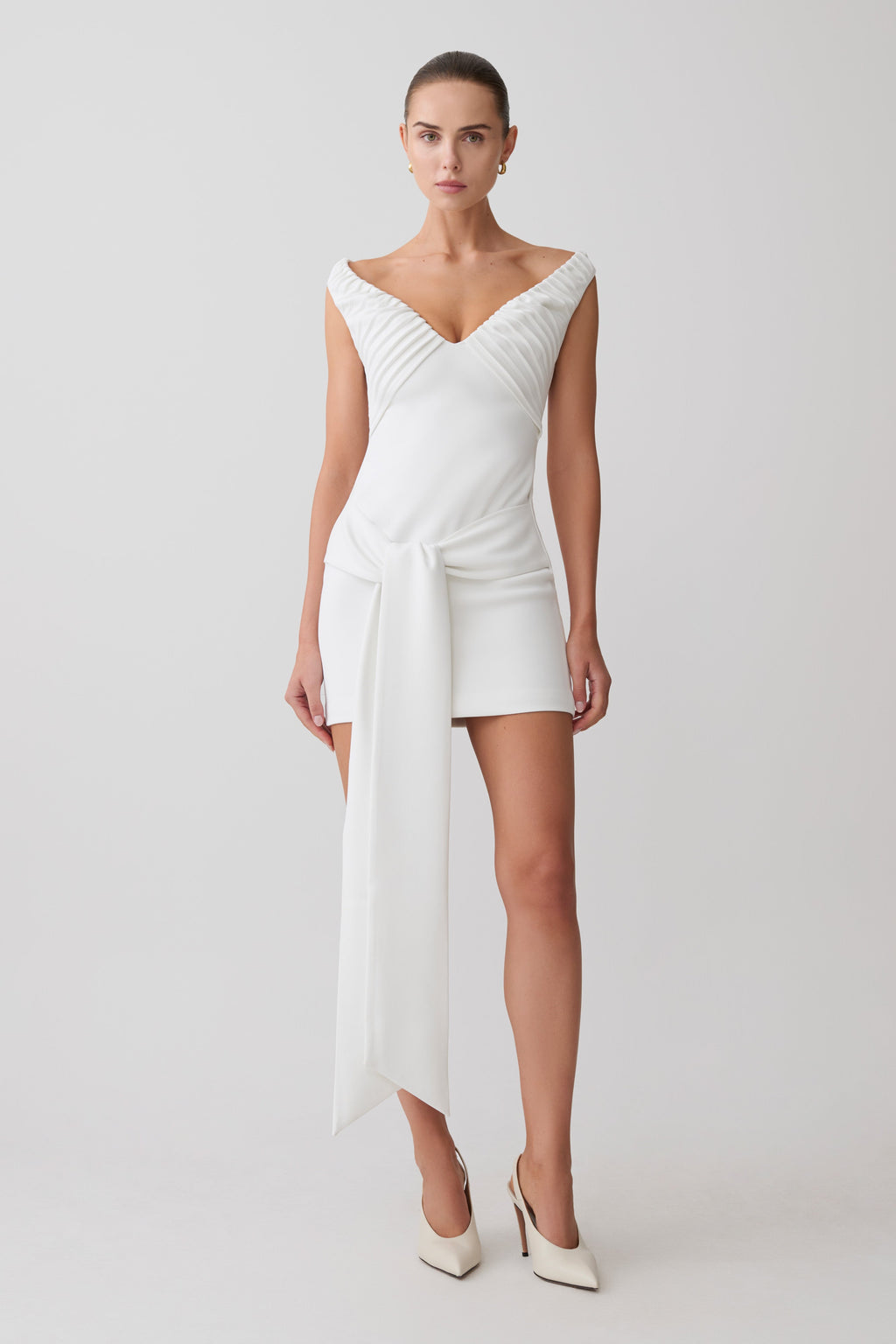 Off Shoulder Mini Dress With Waist Tie - White