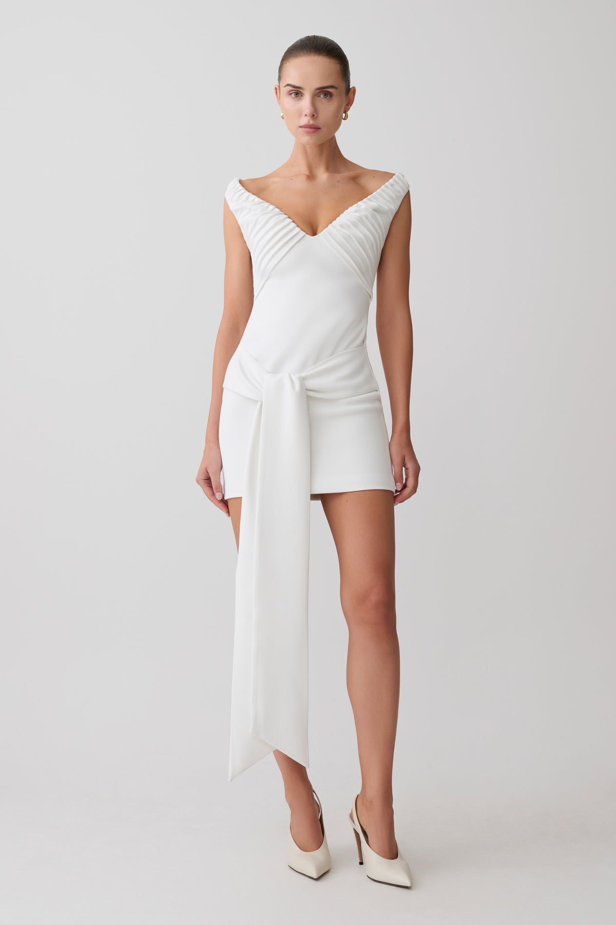 Off Shoulder Mini Dress With Waist Tie - White
