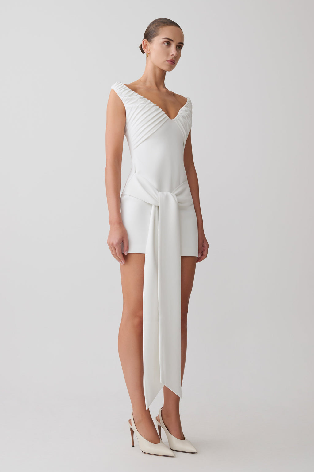 Off Shoulder Mini Dress With Waist Tie - White