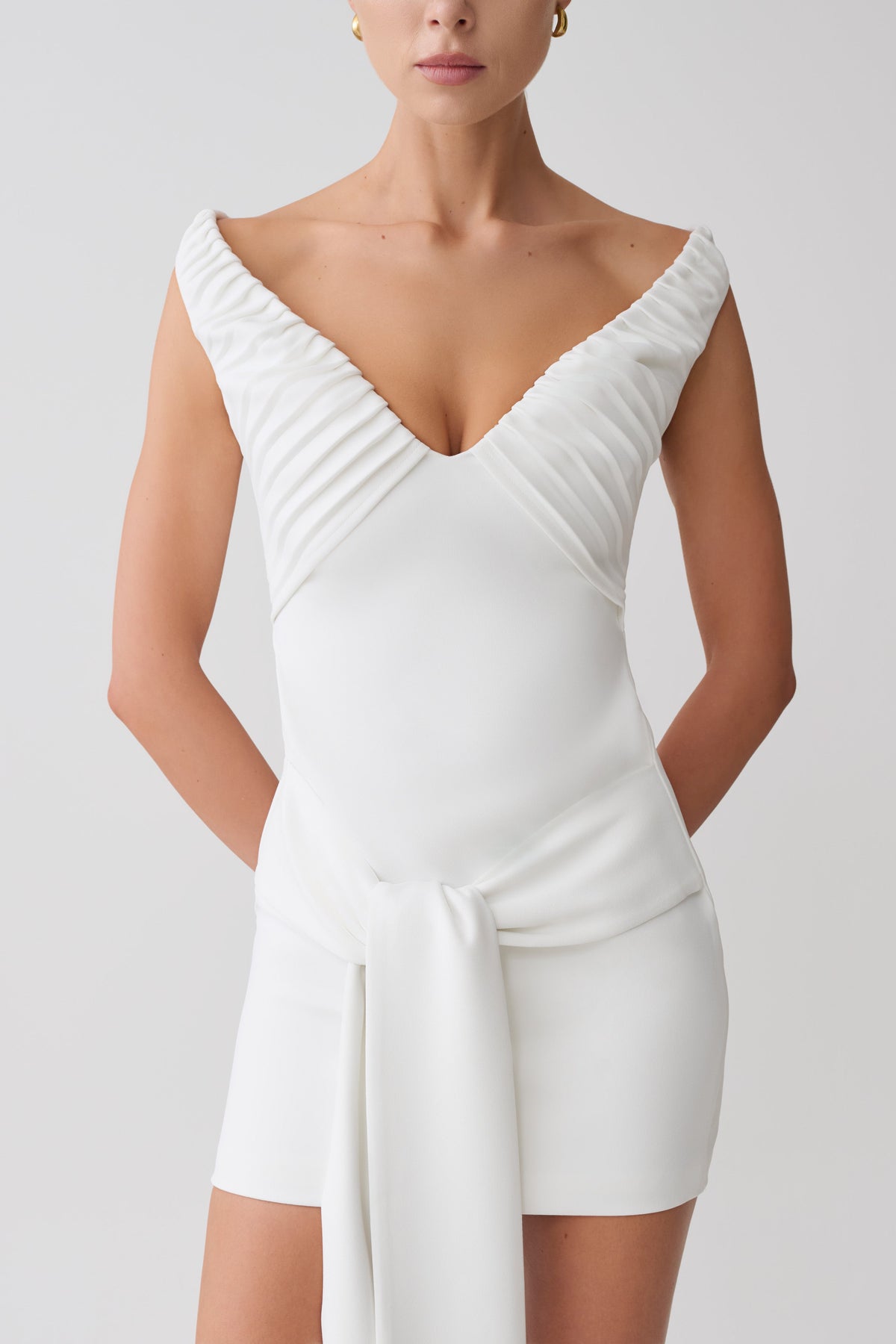Off Shoulder Mini Dress With Waist Tie - White