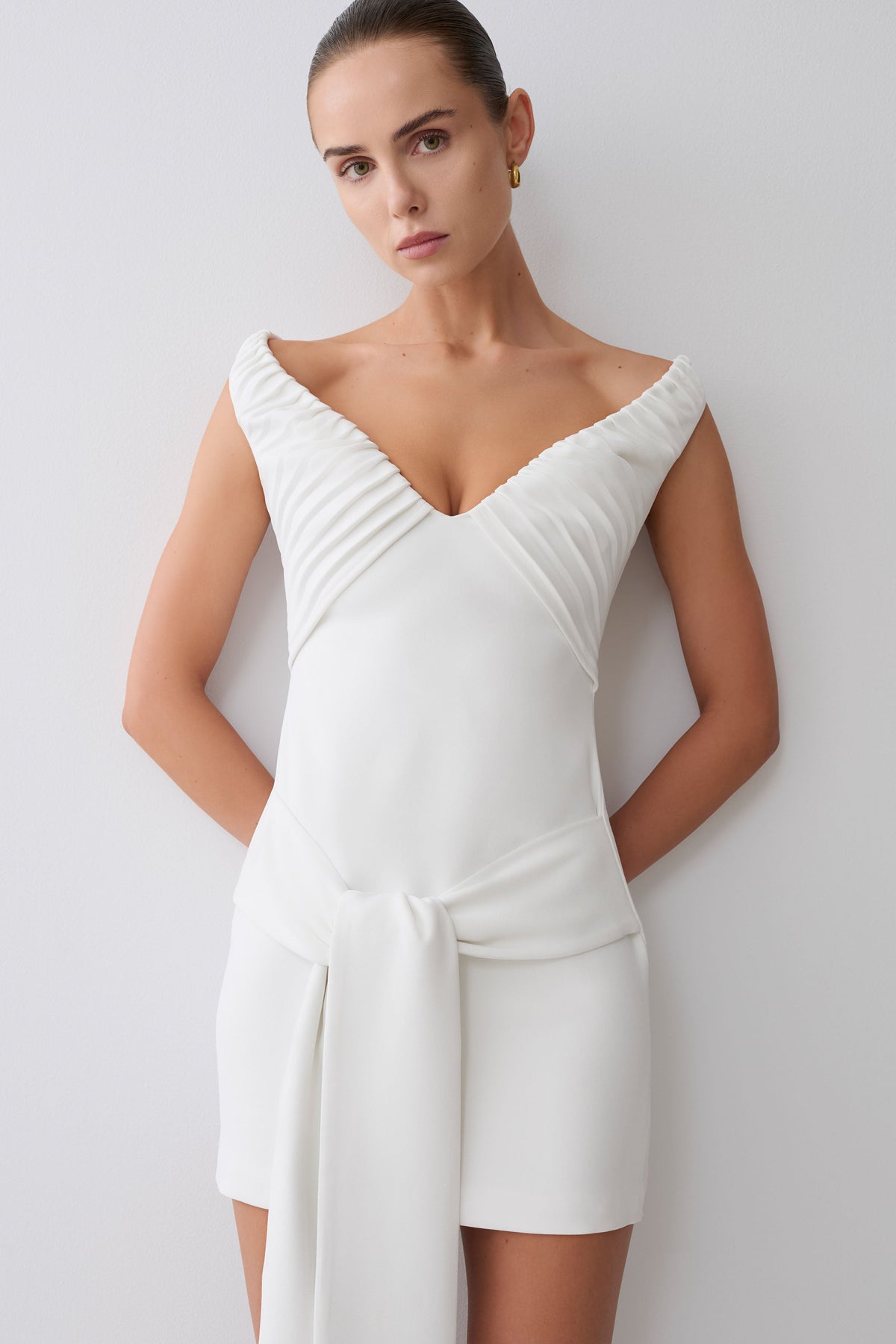 Off Shoulder Mini Dress With Waist Tie - White