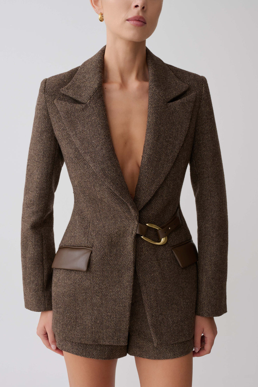 Structured Blazer With Hardware - Herringbone