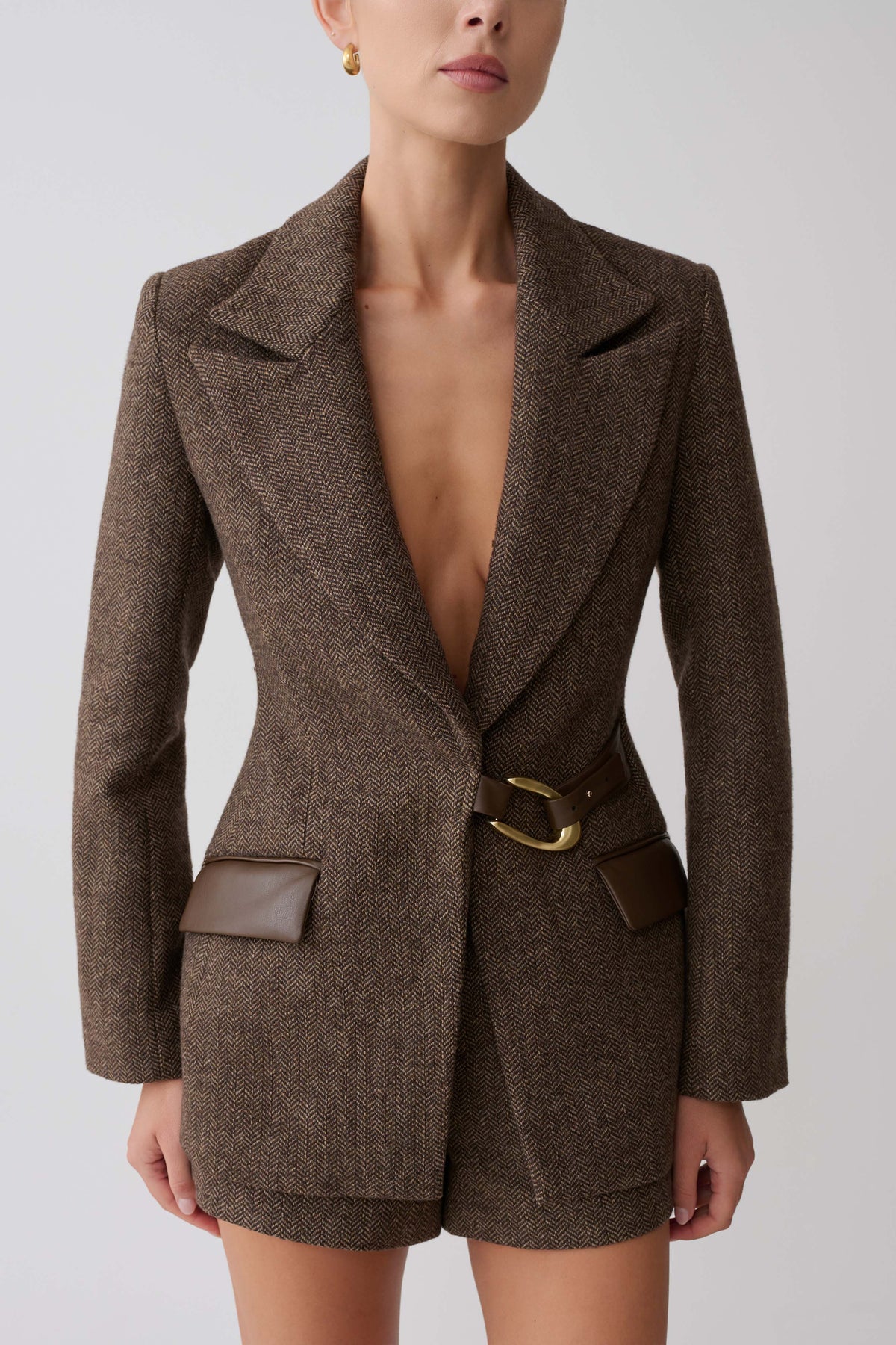 Structured Blazer With Hardware - Herringbone