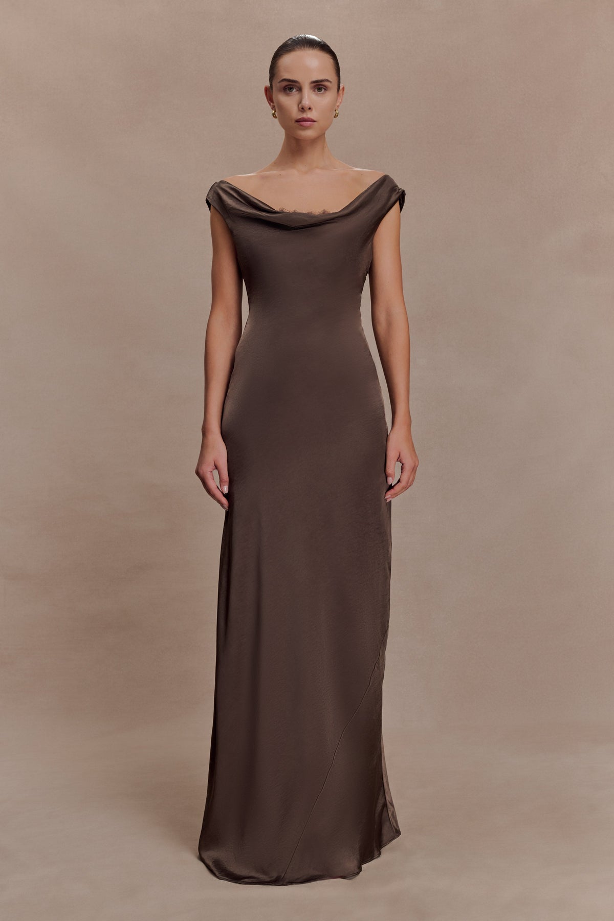 Cowl Neck Lace And Satin Maxi Dress - Mocha