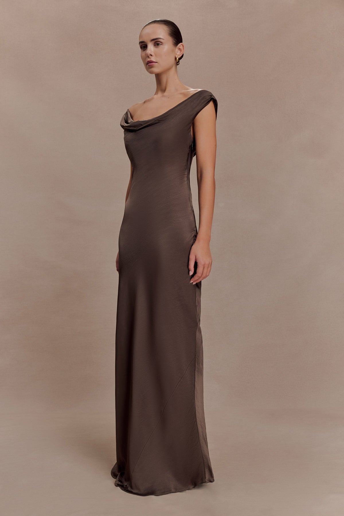 Cowl Neck Lace And Satin Maxi Dress - Mocha