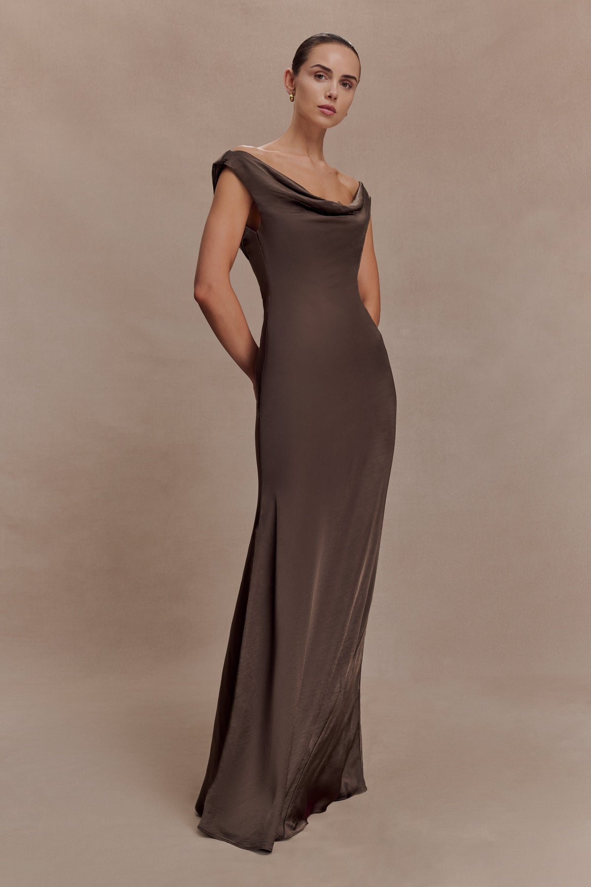 Cowl Neck Lace And Satin Maxi Dress - Mocha