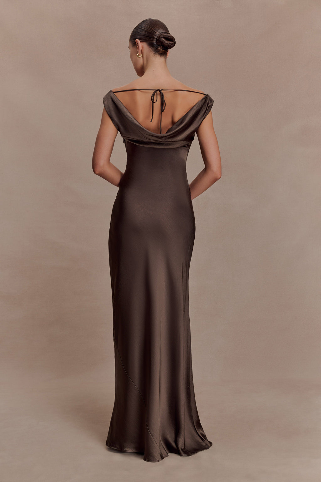 Cowl Neck Lace And Satin Maxi Dress - Mocha