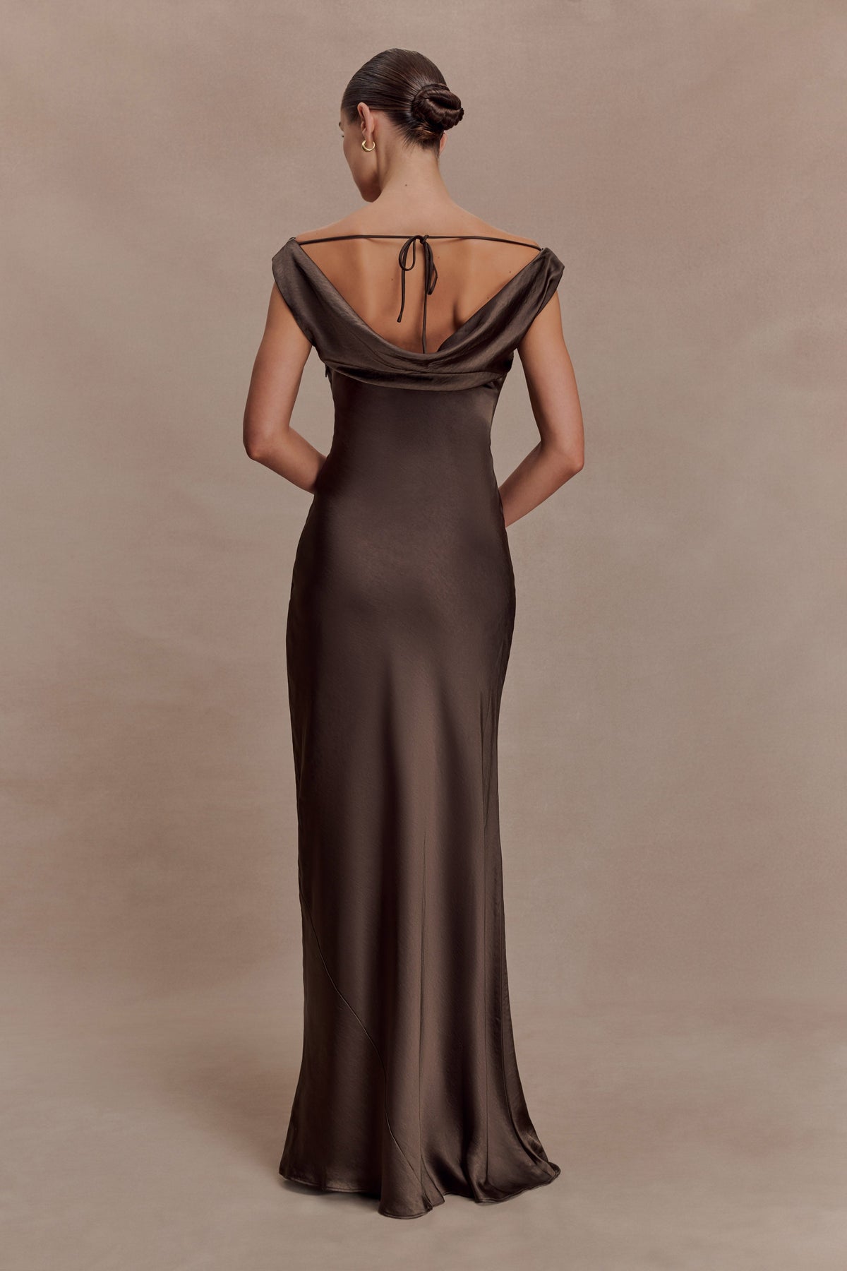 Cowl Neck Lace And Satin Maxi Dress - Mocha