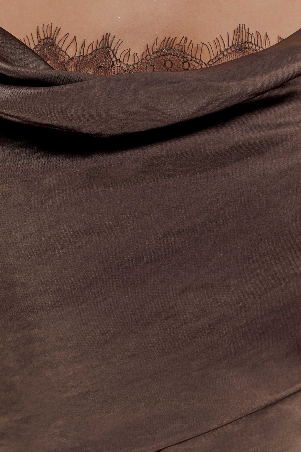 Cowl Neck Lace And Satin Maxi Dress - Mocha