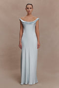 Cowl Neck Lace And Satin Maxi Dress - Ice Blue