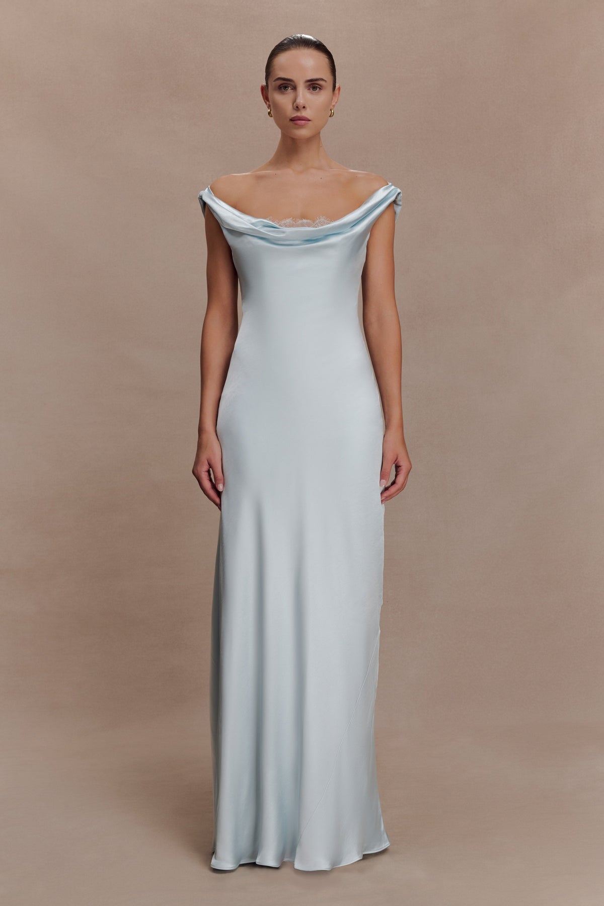 Cowl Neck Lace And Satin Maxi Dress - Ice Blue