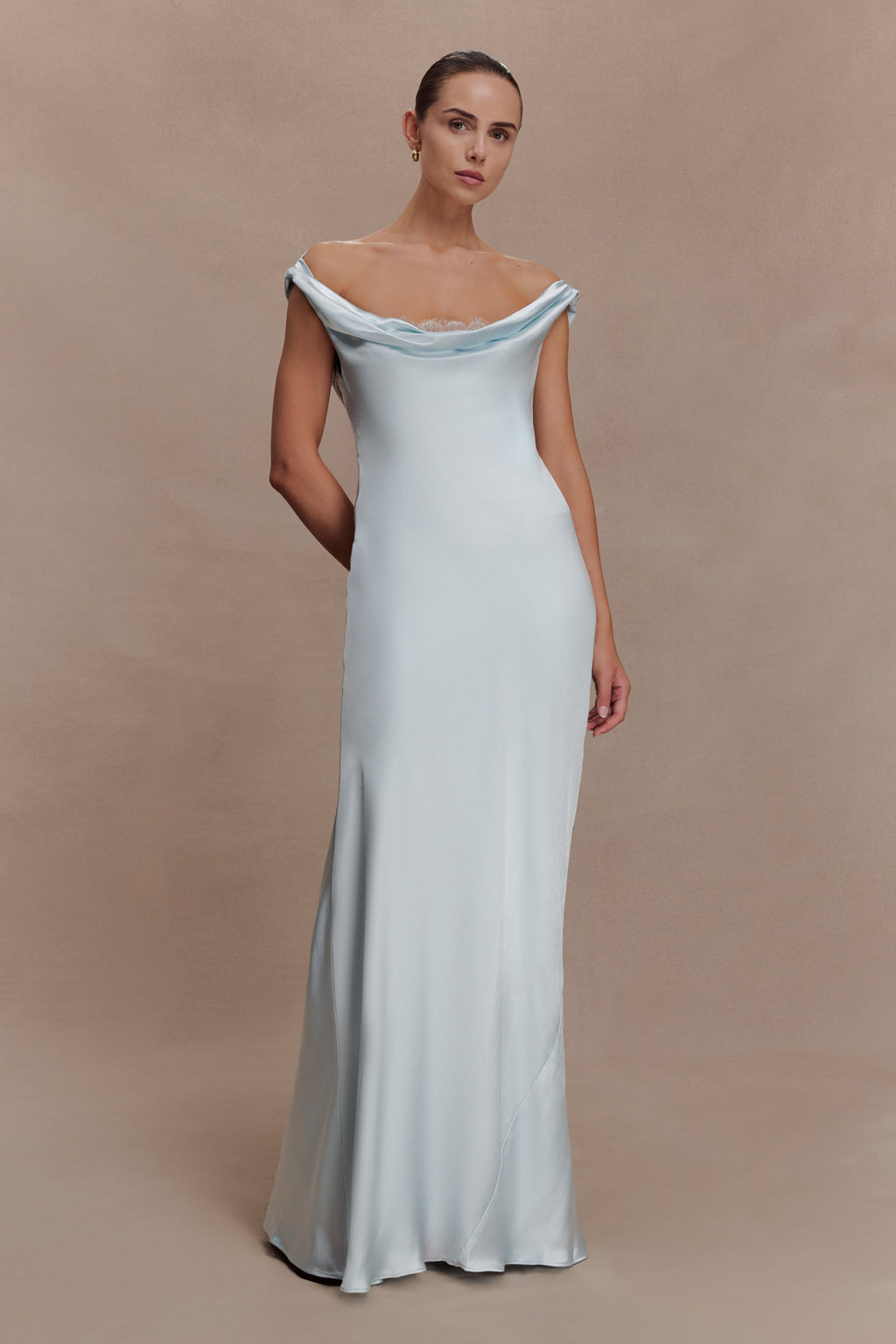 Cowl Neck Lace And Satin Maxi Dress - Ice Blue