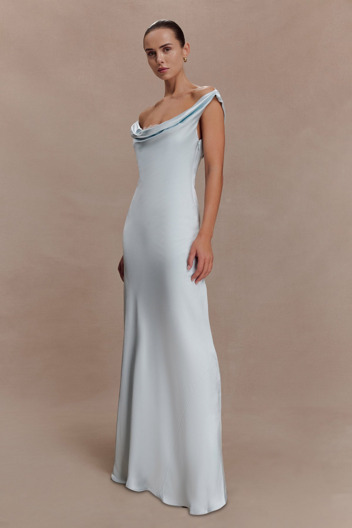 Cowl Neck Lace And Satin Maxi Dress - Ice Blue