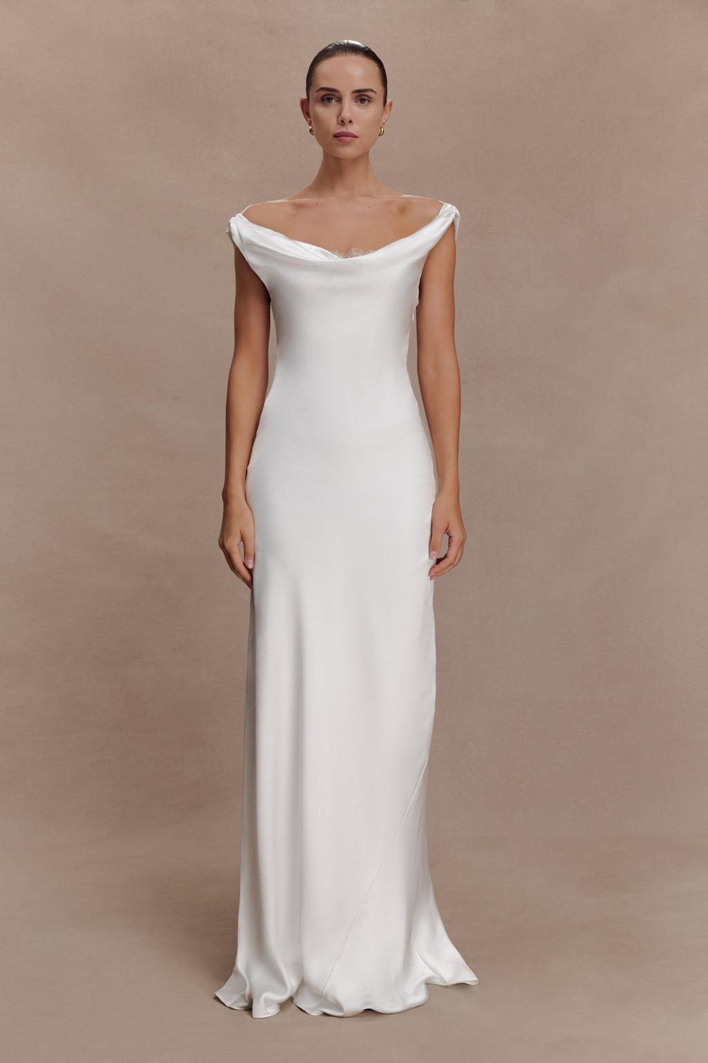Cowl Neck Lace And Satin Maxi Dress - Ivory