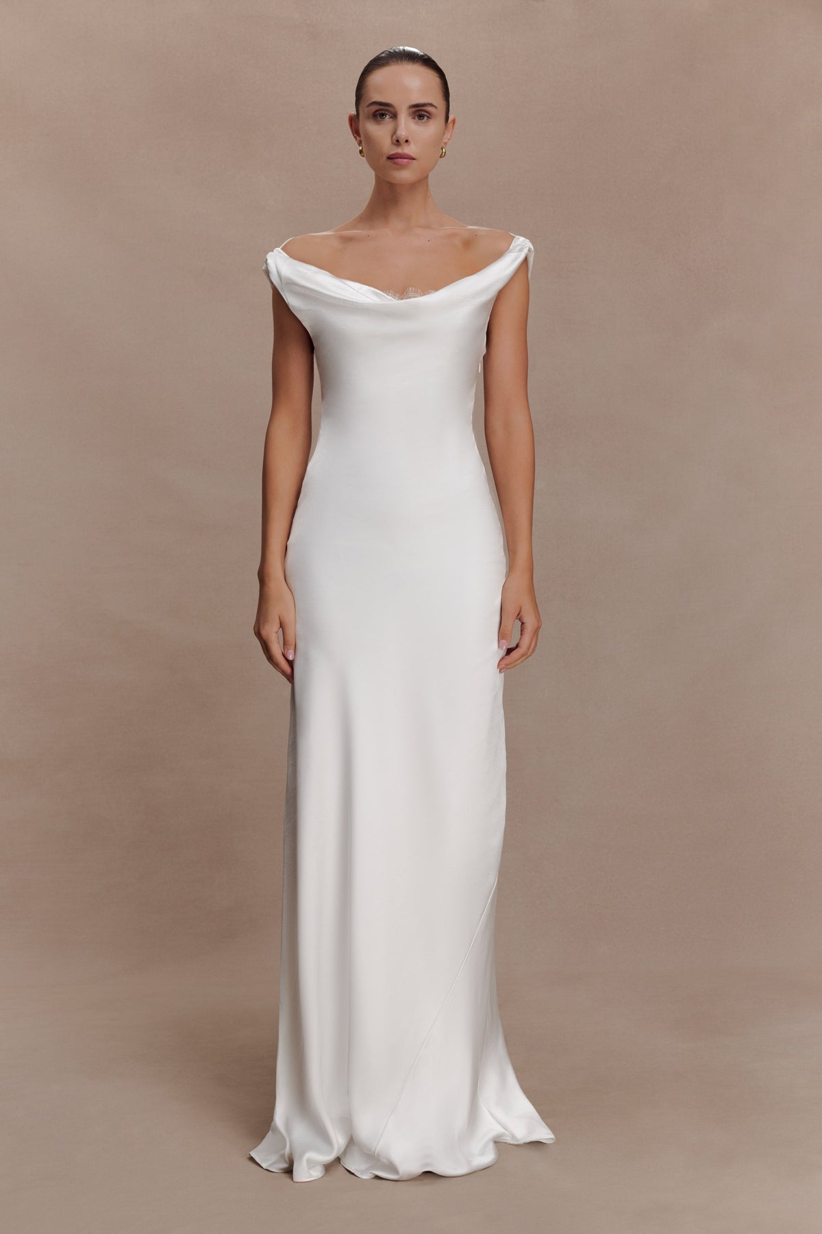 Cowl Neck Lace And Satin Maxi Dress - Ivory