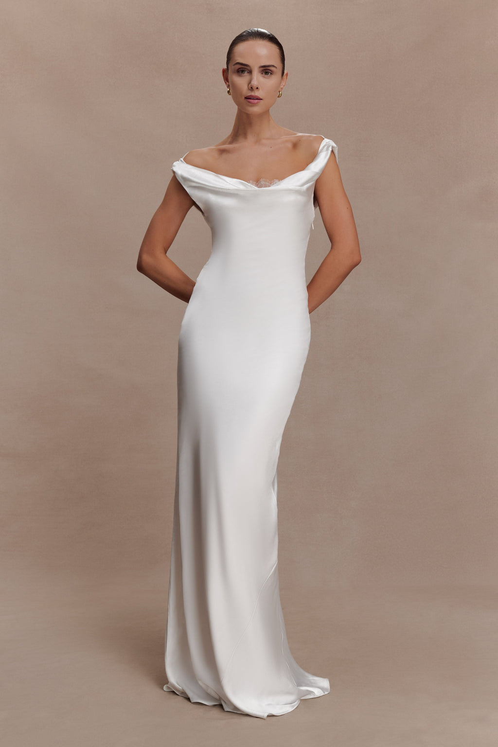Cowl Neck Lace And Satin Maxi Dress - Ivory