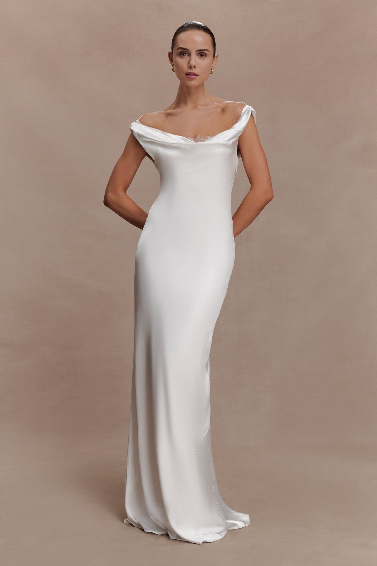 Cowl Neck Lace And Satin Maxi Dress - Ivory