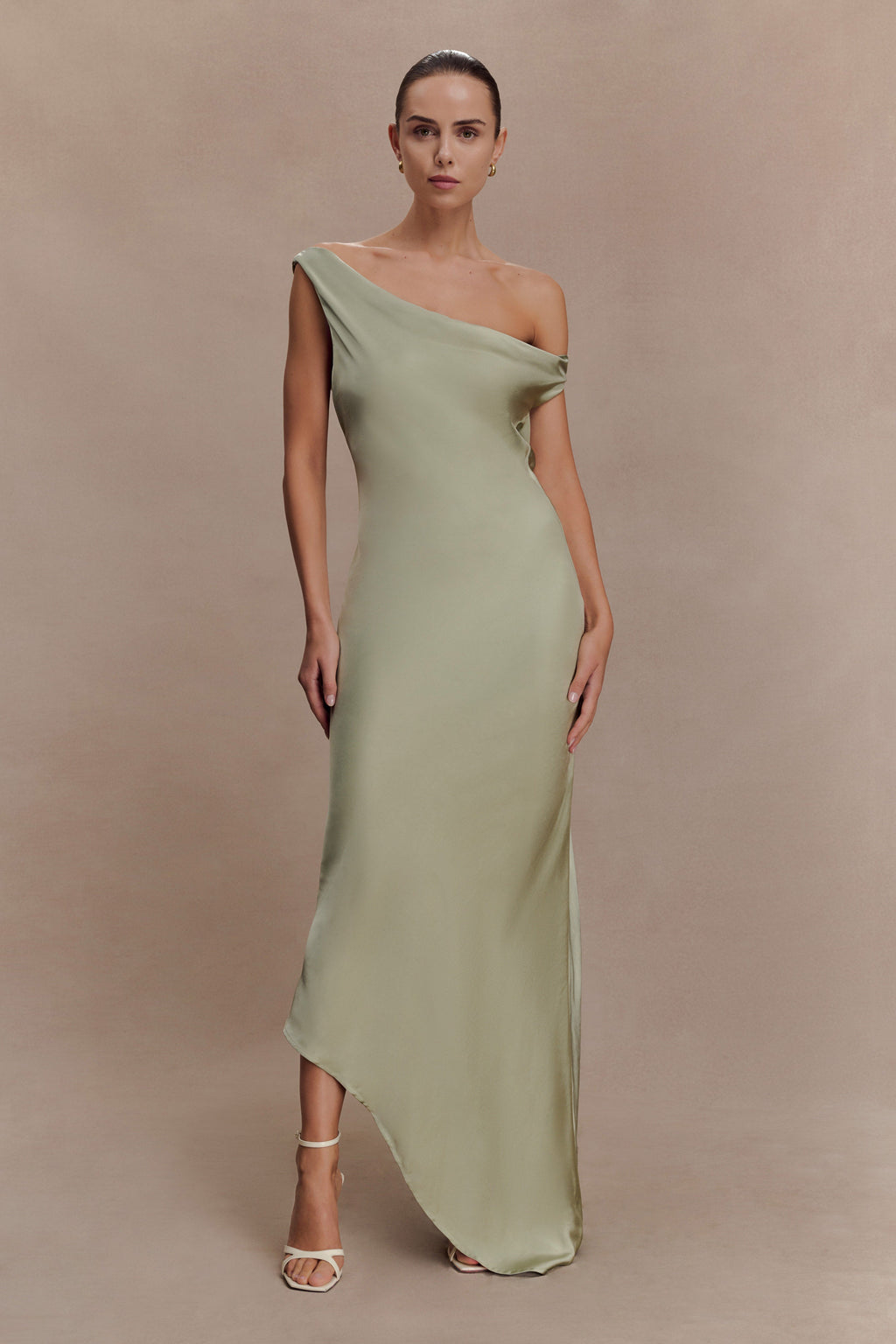 Slip Maxi Dress With Asymmetrical Hem - Sage