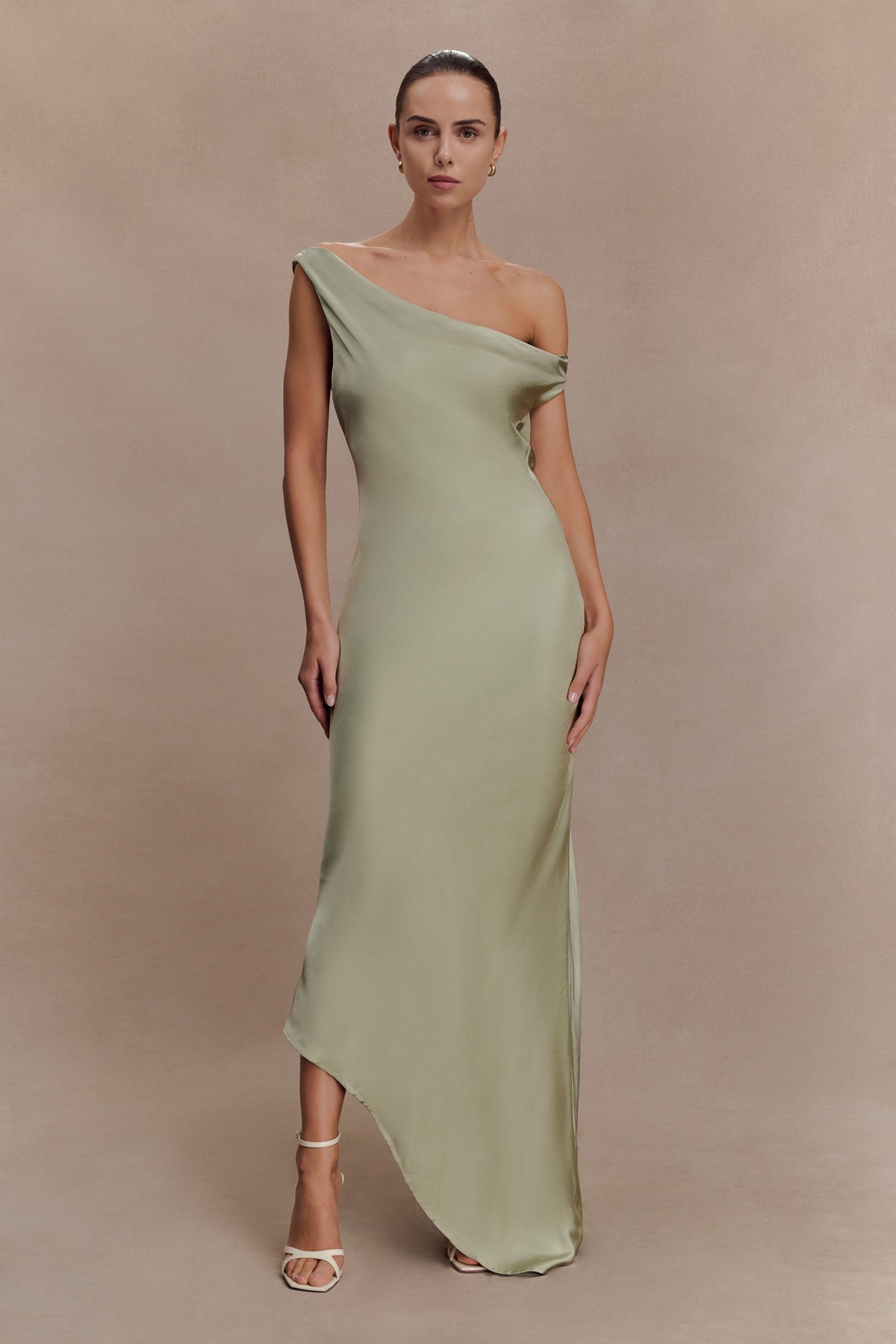 Slip Maxi Dress With Asymmetrical Hem - Sage