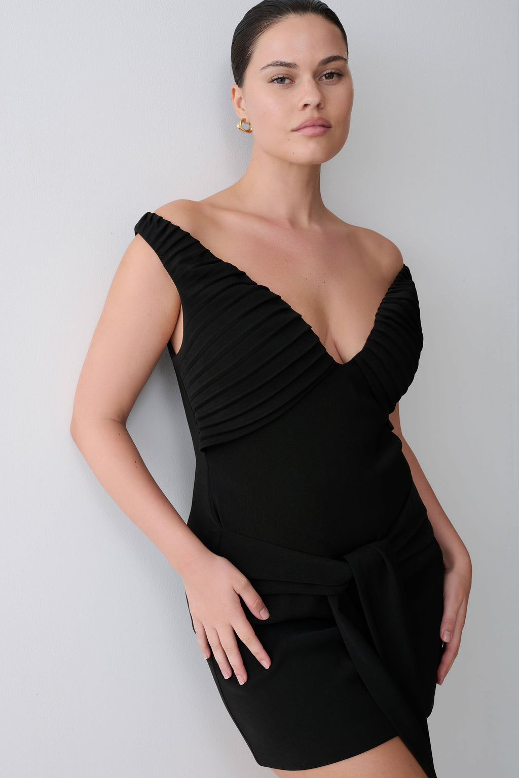 Off Shoulder Mini Dress With Waist Tie - Black