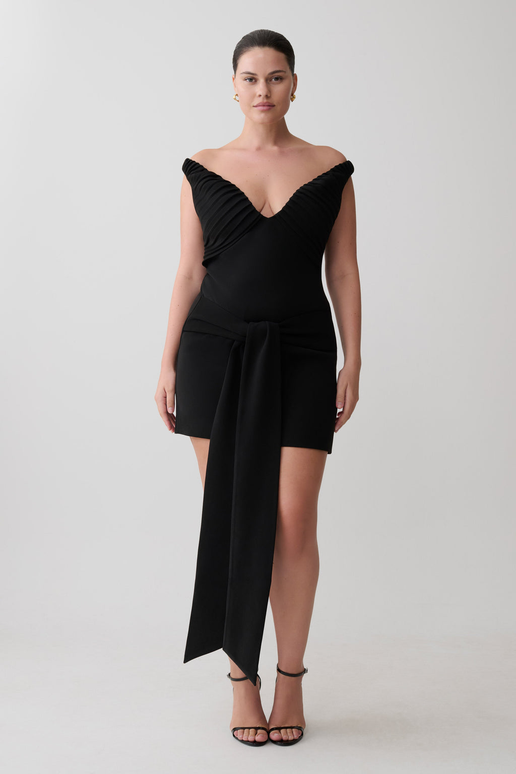 Off Shoulder Mini Dress With Waist Tie - Black