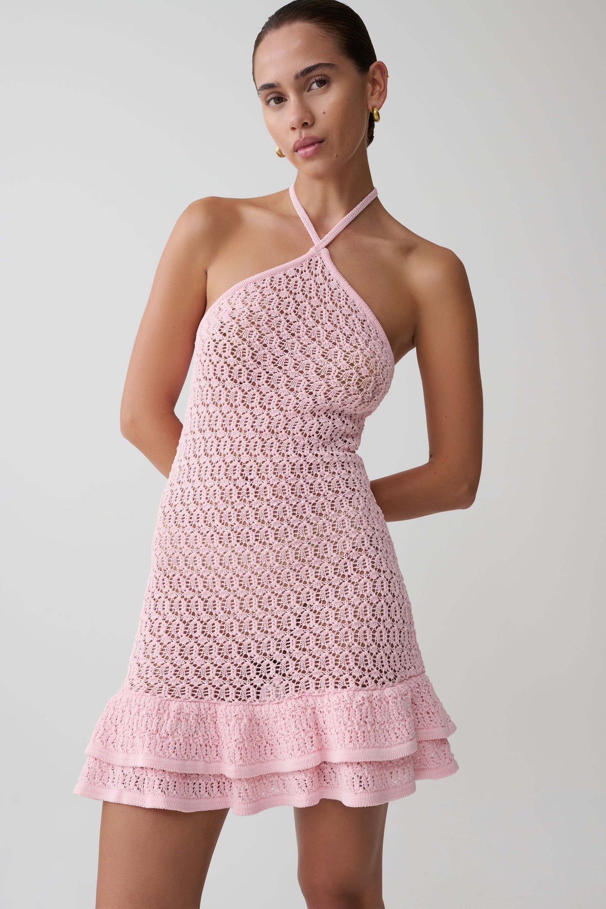 Crochet Knit Mini Dress - Baby Pink