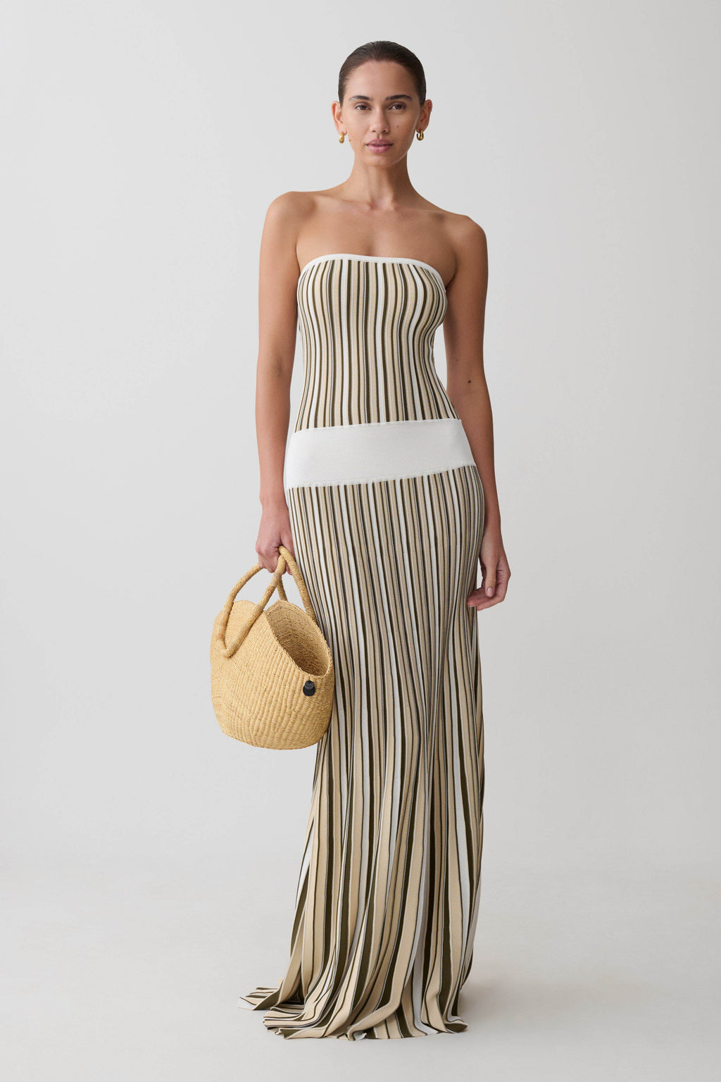 Stripe Maxi Knit Dress - Khaki/Ivory