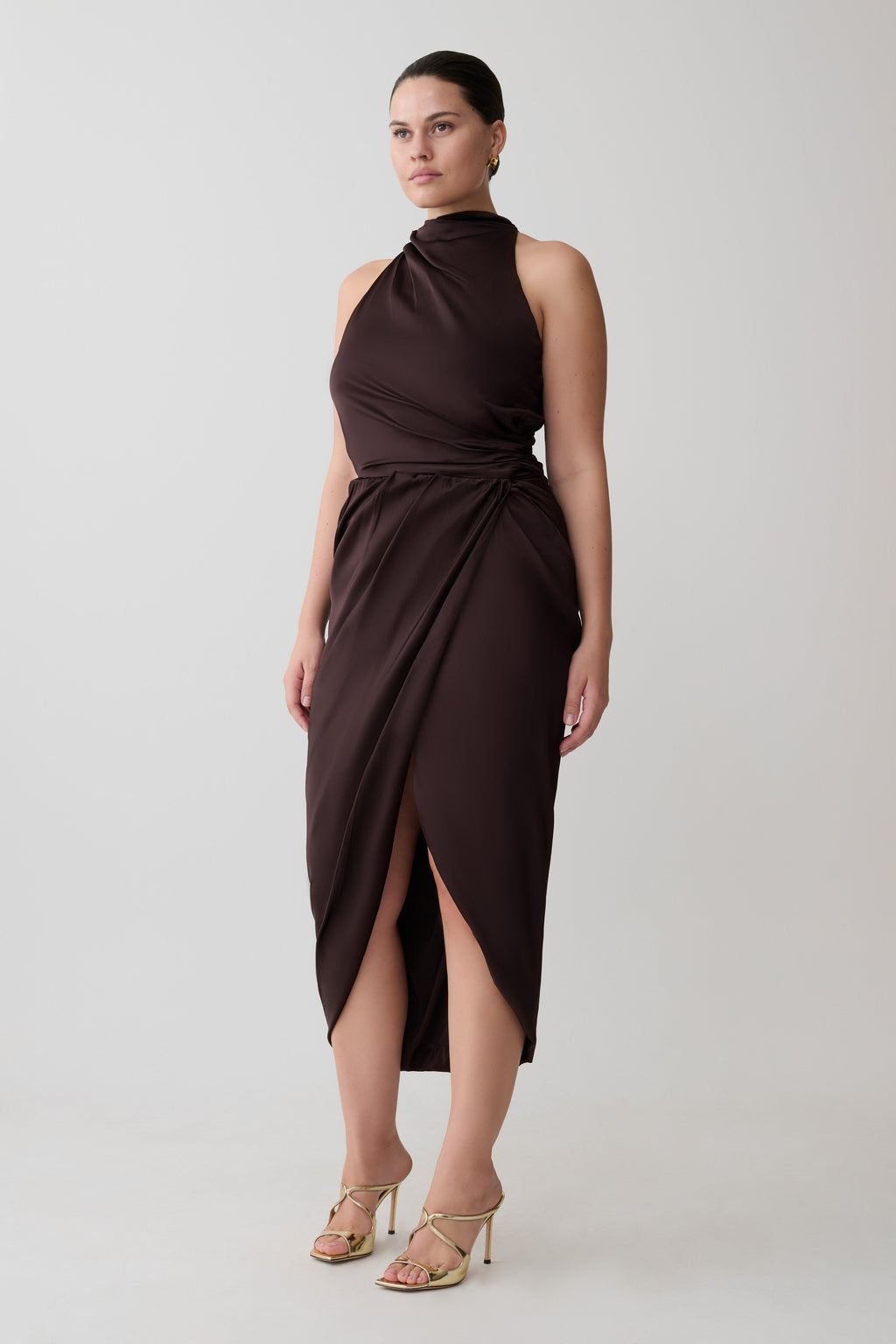 Draped Halter Midi Dress - Dark Chocolate