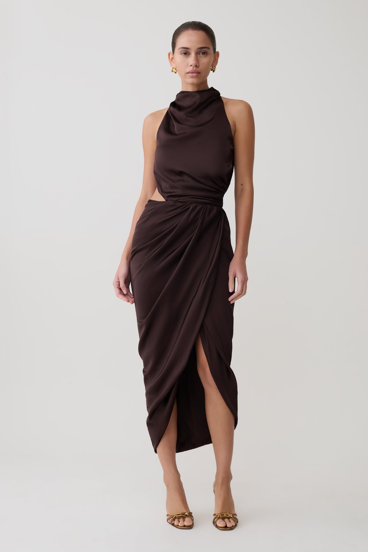 Draped Halter Midi Dress - Dark Chocolate