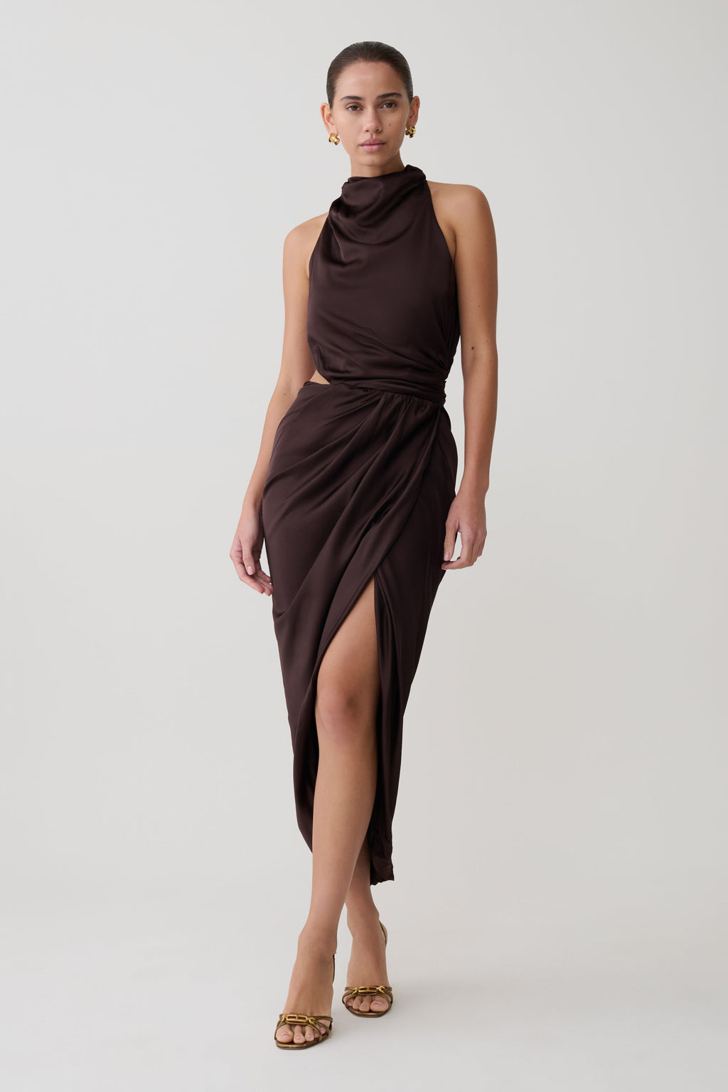 Draped Halter Midi Dress - Dark Chocolate