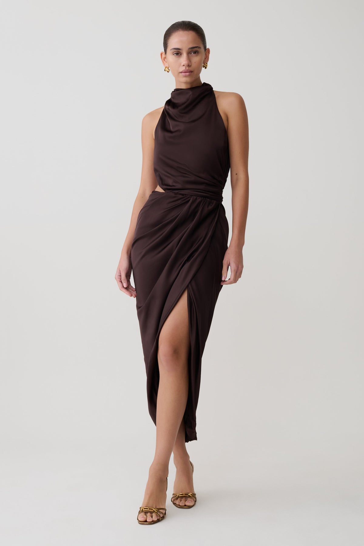 Draped Halter Midi Dress - Dark Chocolate