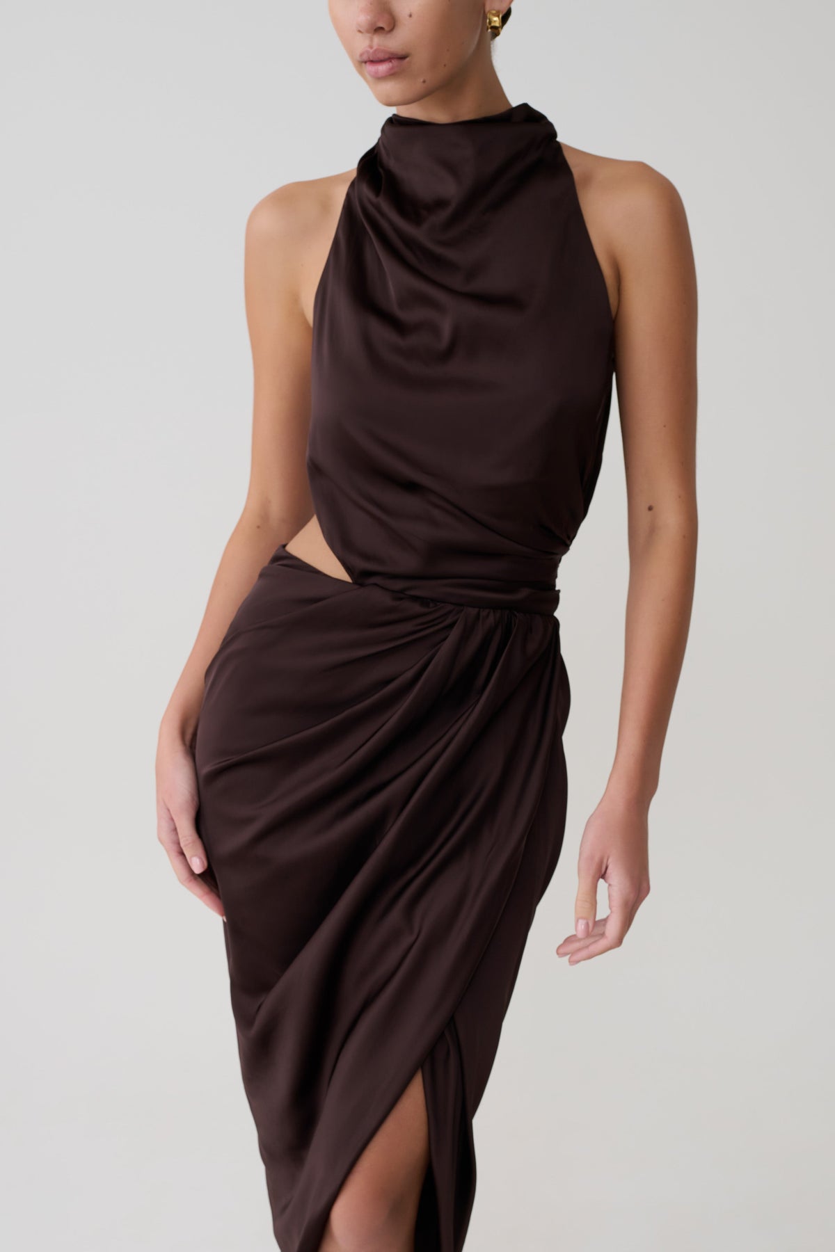 Draped Halter Midi Dress - Dark Chocolate