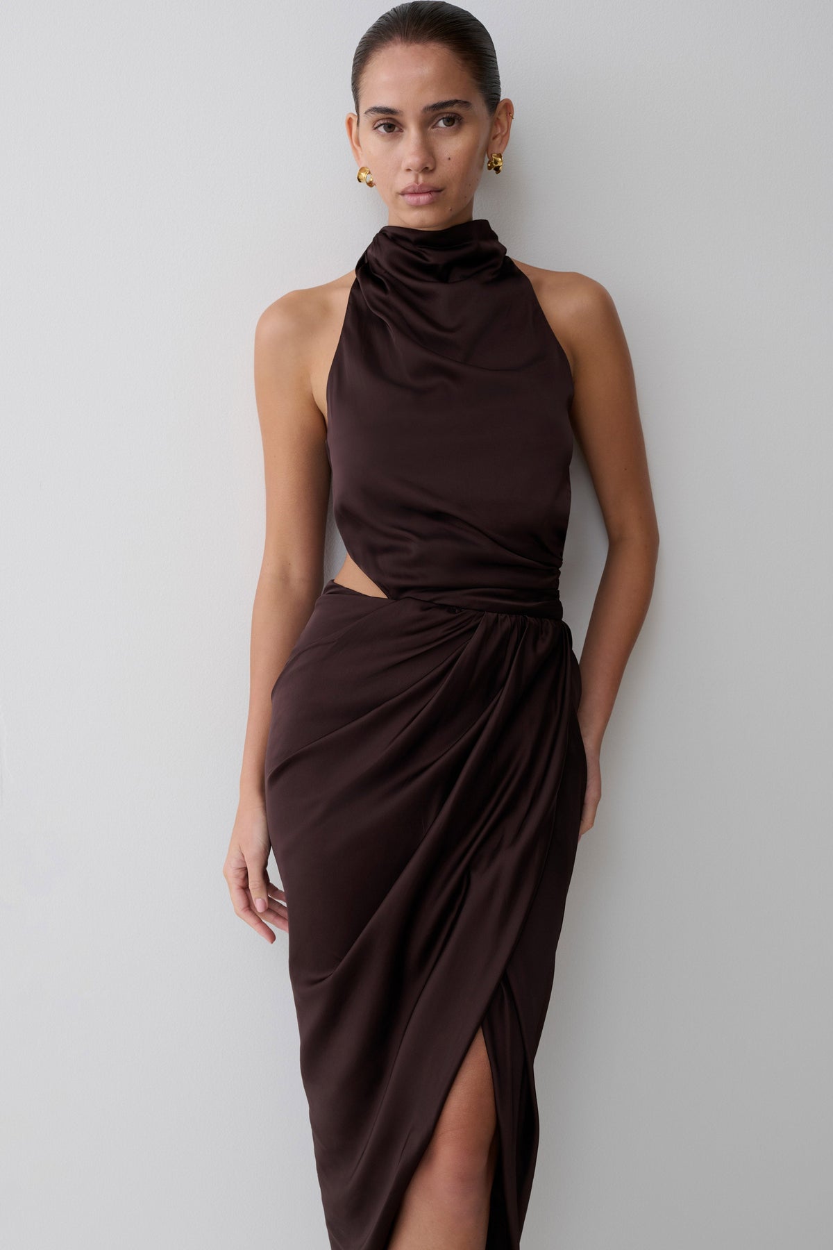 Draped Halter Midi Dress - Dark Chocolate