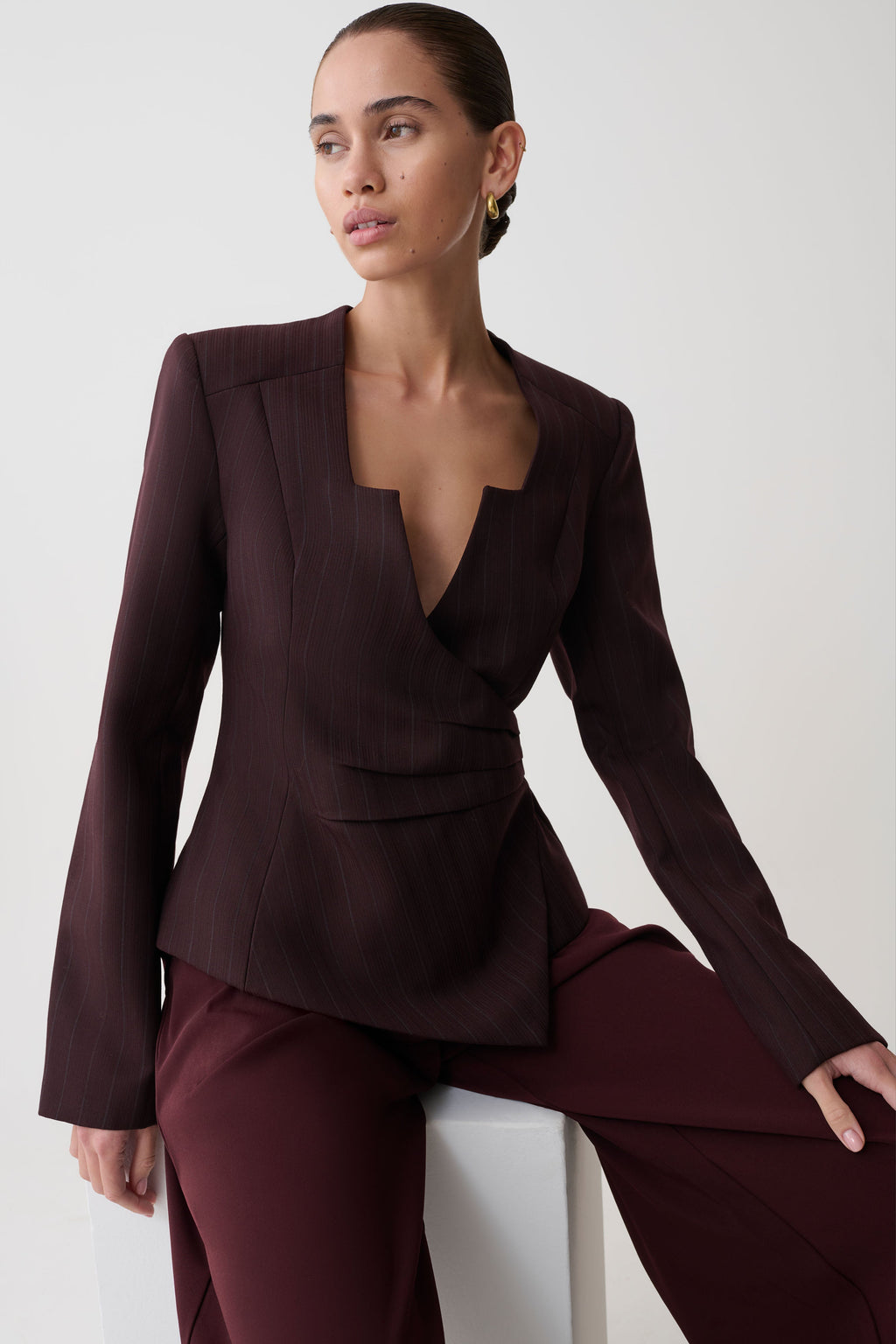 Square Neck Blazer - Plum Pinstripe