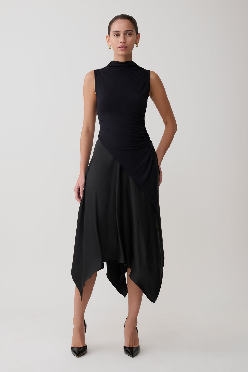 Asymmetric Satin Midi Skirt - Black