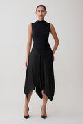 Asymmetric Satin Midi Skirt - Black