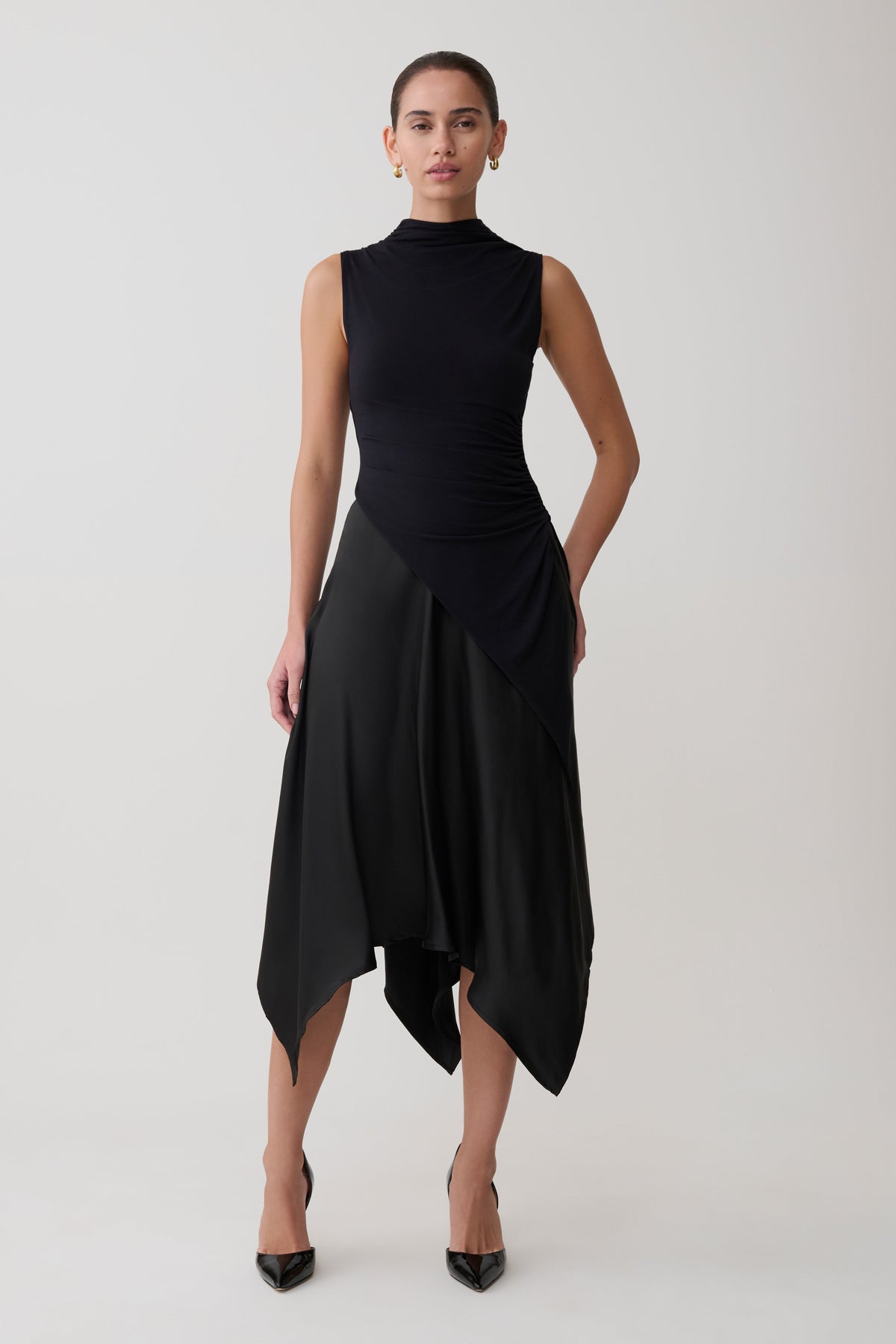 Asymmetric Satin Midi Skirt - Black