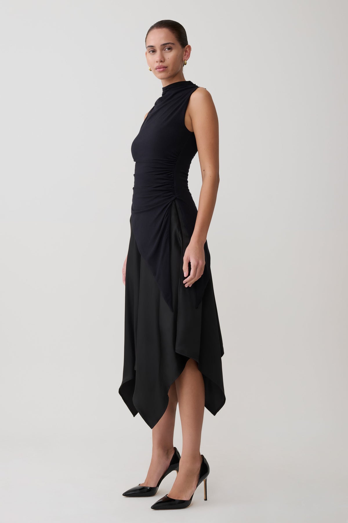 Asymmetric Satin Midi Skirt - Black