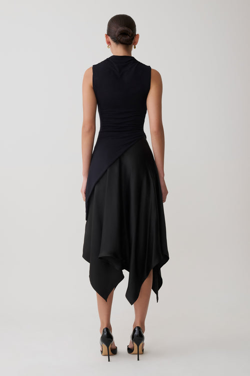 Asymmetric Satin Midi Skirt - Black