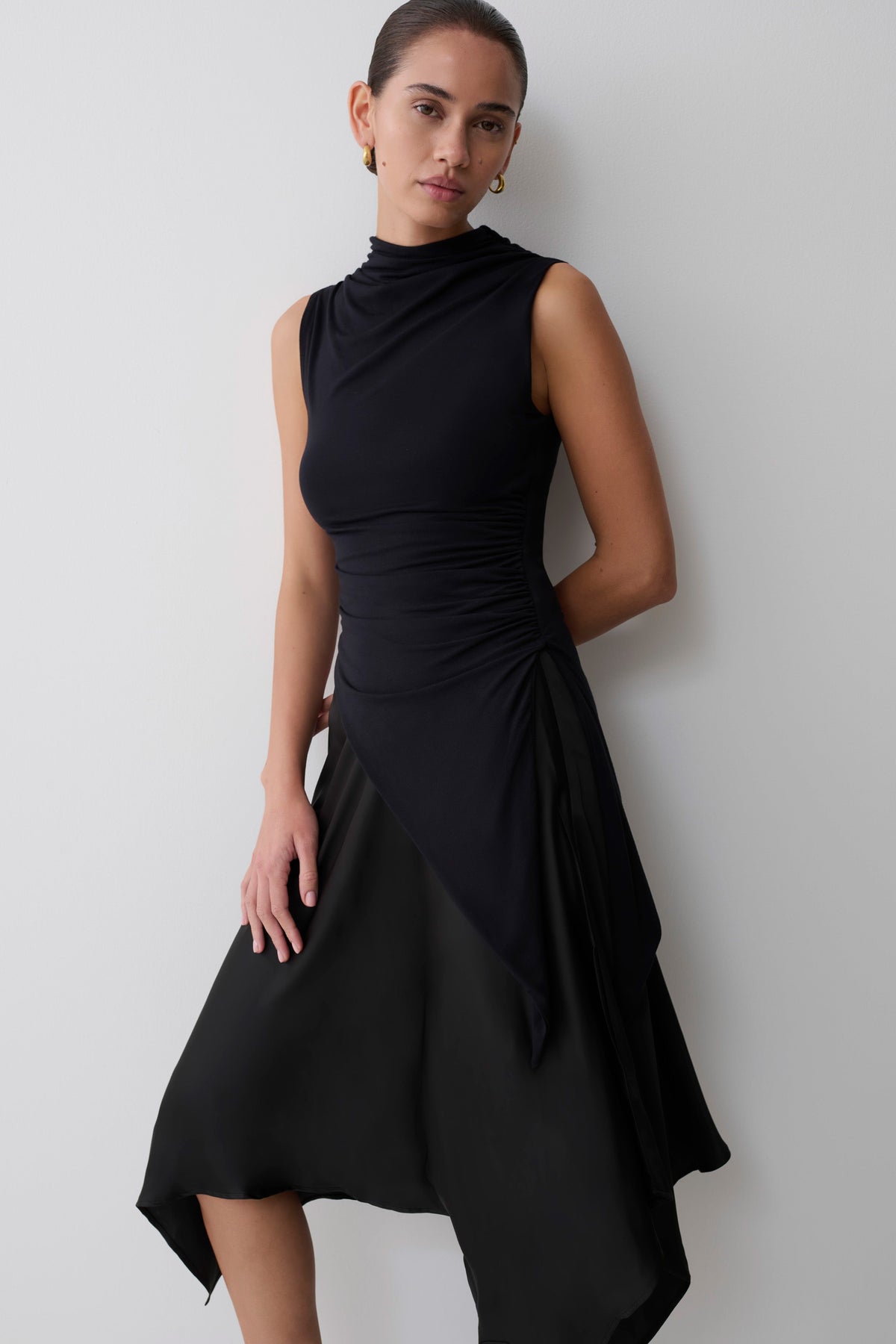 Asymmetric Satin Midi Skirt - Black