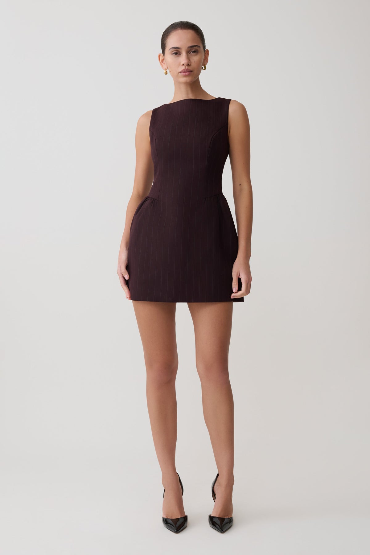 Boat Neck Mini Dress - Plum Pinstripe
