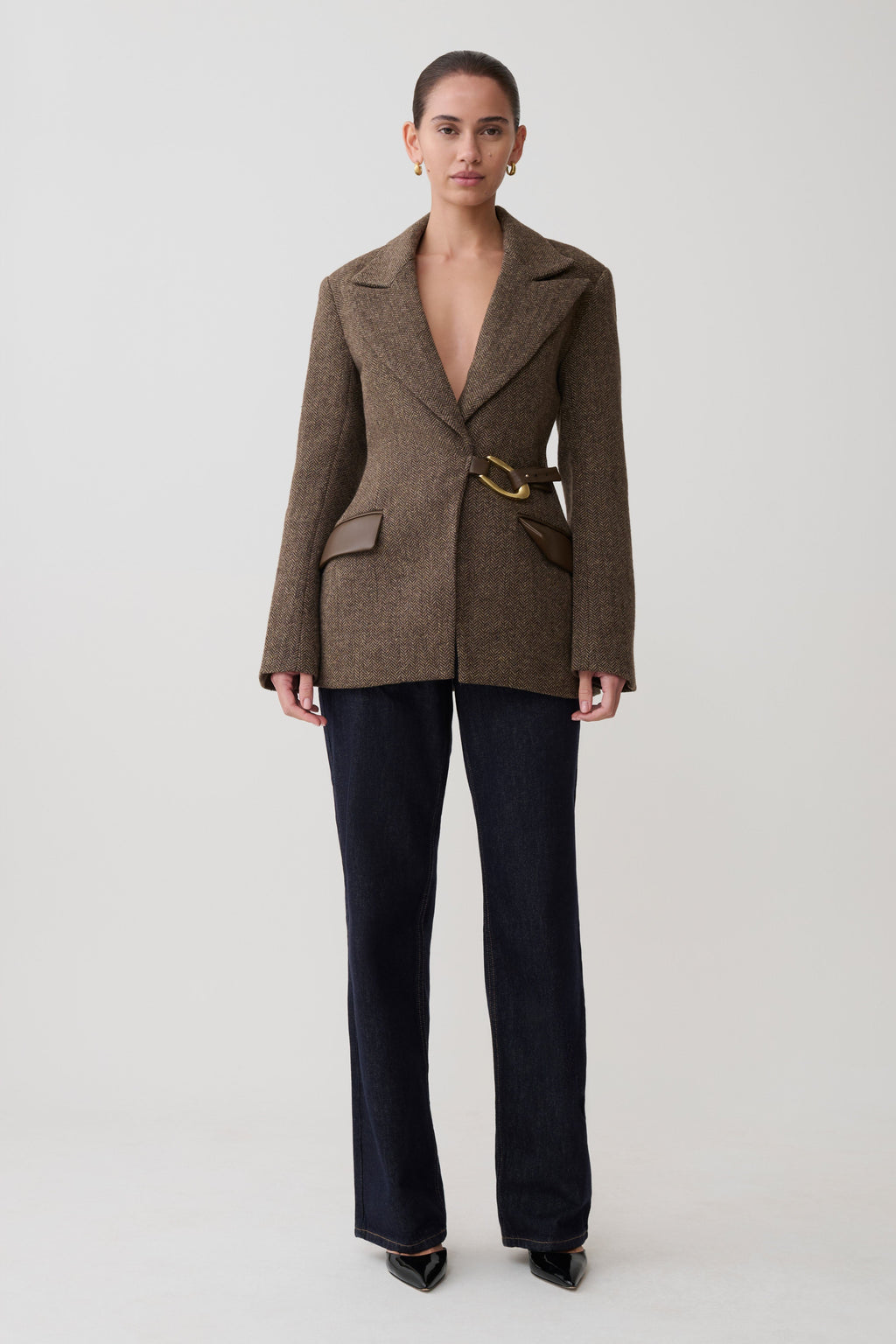 Structured Blazer With Hardware - Herringbone
